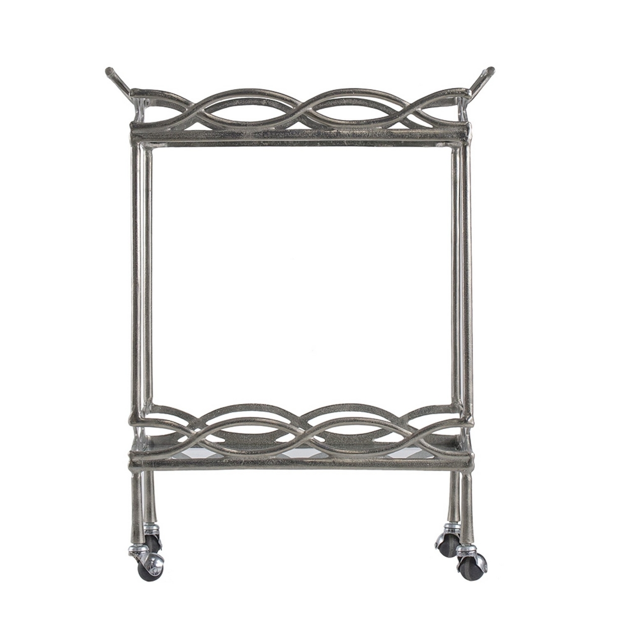 30 Inch Aluminum Bar Cart, 2 Tier Glass Shelves, Dynamic Accents, Silver- Saltoro Sherpi