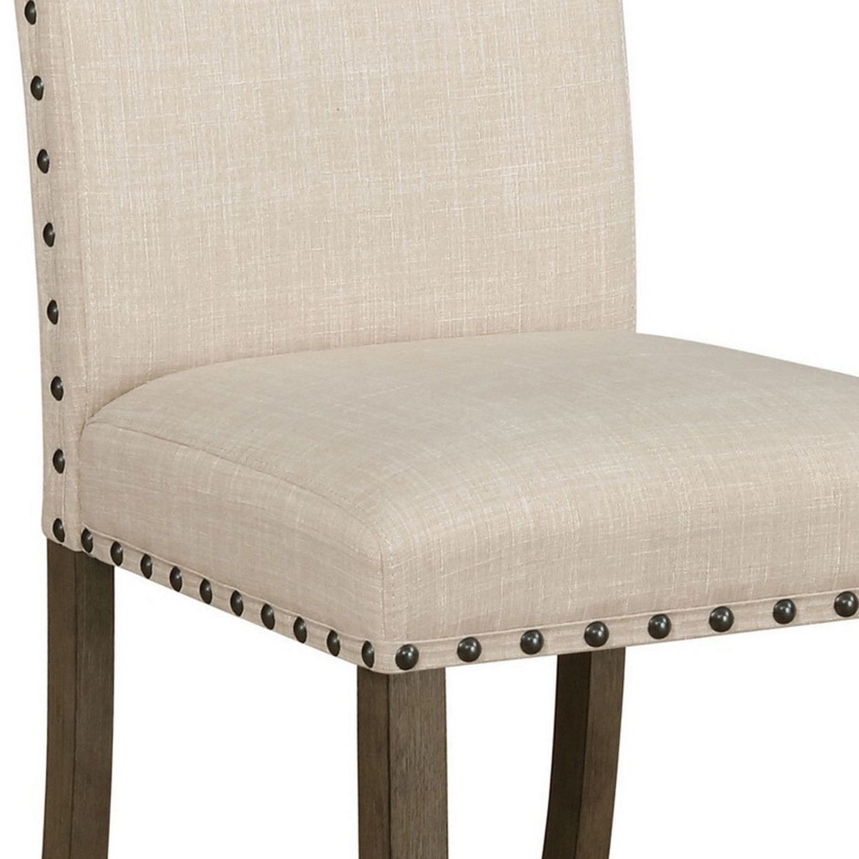 19 Inch Beige Fabric Dining Chair, Set Of 2, Rustic Brown, Nailhead Trim- Saltoro Sherpi