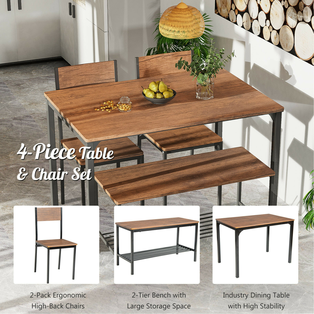 4pcs Dining Table Set Rustic Desk 2 Chairs & Bench W/ Storage Rack - Grey