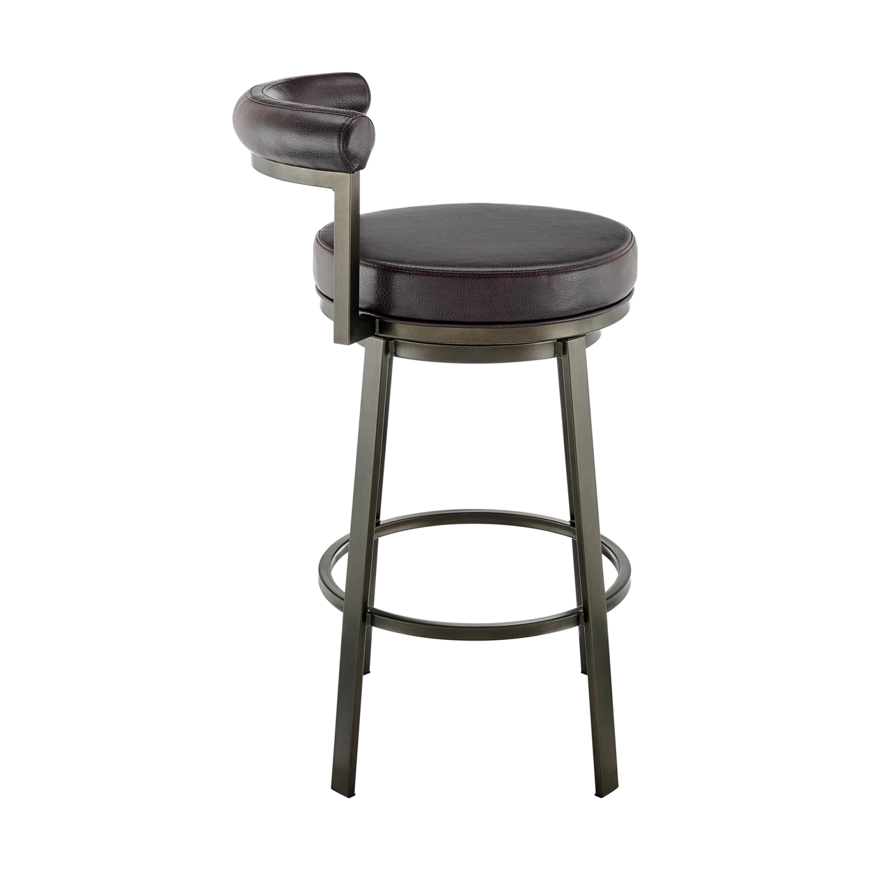 Elysha 26 Inch Swivel Counter Stool Chair, Round Brown Faux Leather Cushion- Saltoro Sherpi