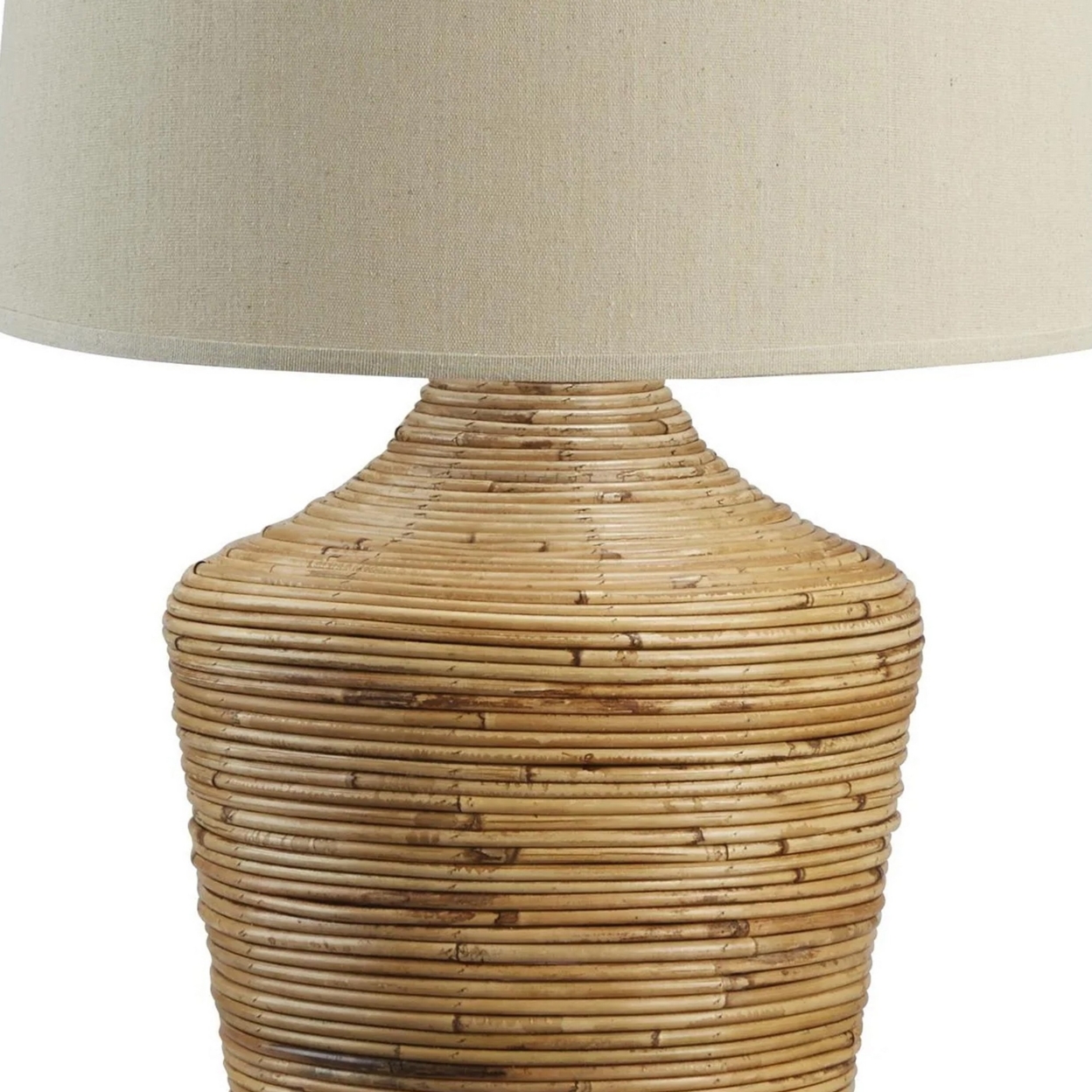 26 Inch Cottage Table Lamp, Metal And Rattan Base, White Fabric Drum Shade- Saltoro Sherpi