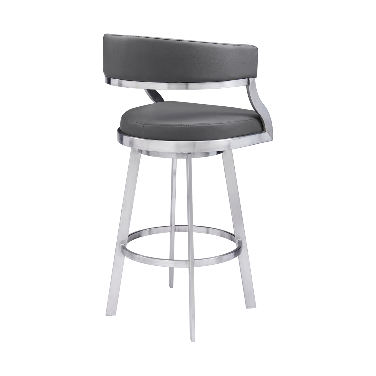 Ava 26 Inch Swivel Counter Stool Chair, Open Back, Steel, Gray Faux Leather- Saltoro Sherpi