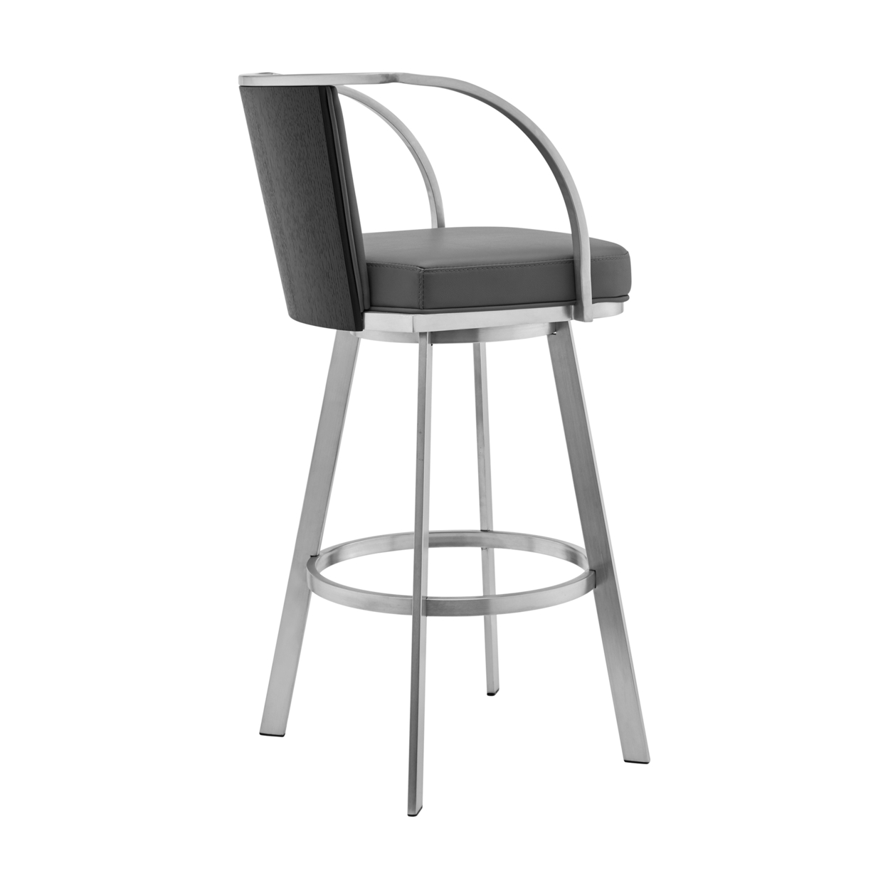 Ovn 26 Inch Swivel Counter Stool, Stainless Steel Frame, Gray Faux Leather- Saltoro Sherpi