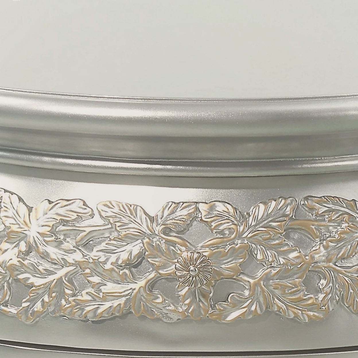 Deneb 30 Inch Luxury Round Nightstand, Gold Floral Motifs, Vintage Silver- Saltoro Sherpi