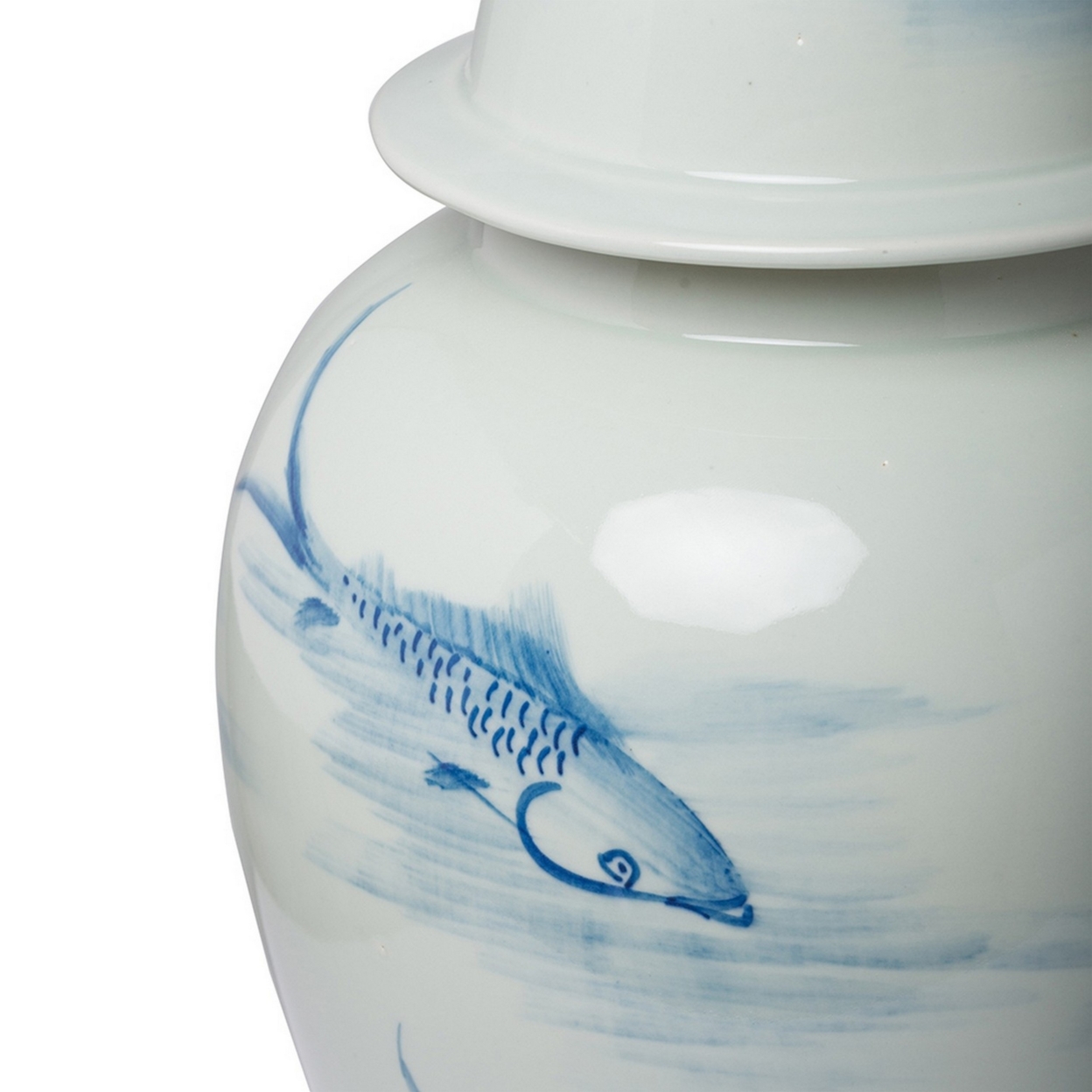 19 Inch Ginger Jar, Lidded, Painted Blue Koi Fish Over White Porcelain- Saltoro Sherpi