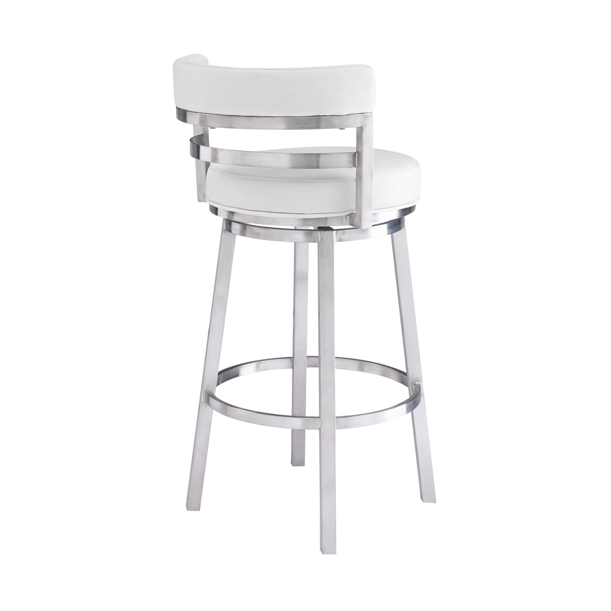 Eva 30 Inch Padded Swivel Bar Stool Chair, Steel Finish, White Faux Leather- Saltoro Sherpi