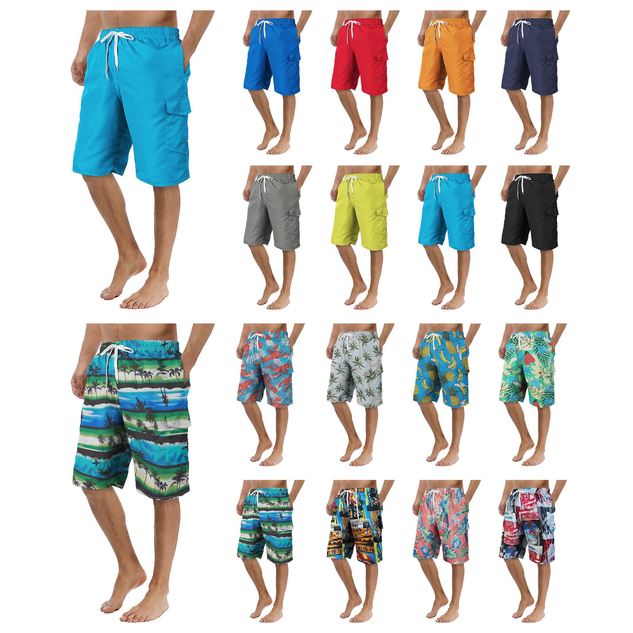 3-Pack Men's Swim Cargo Shorts With Pockets Drawstring Beach Board Shorts Solid Bathing Trunks Cropped Trouser Pants Summer Suit Multi Color