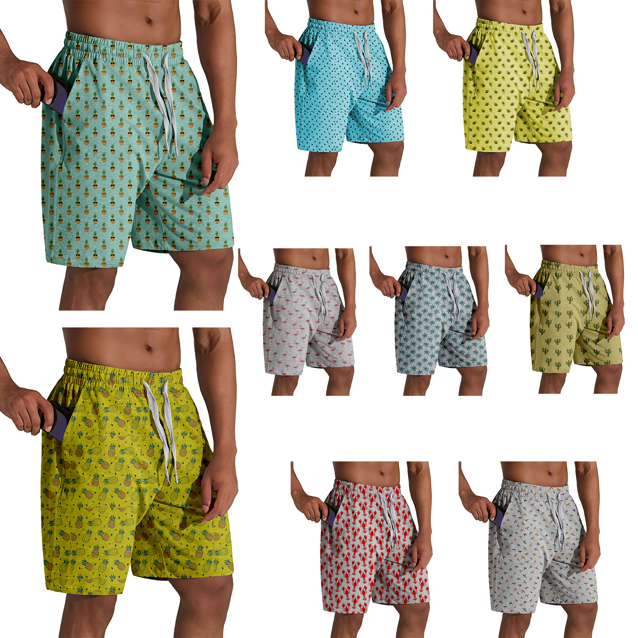 3-Pk Men's Terry Knit Lounge Shorts Soft Printed Athletic Sweat Shorts Casual Workout Gym Running Summer Bottoms Elastic Waistband & Pockets