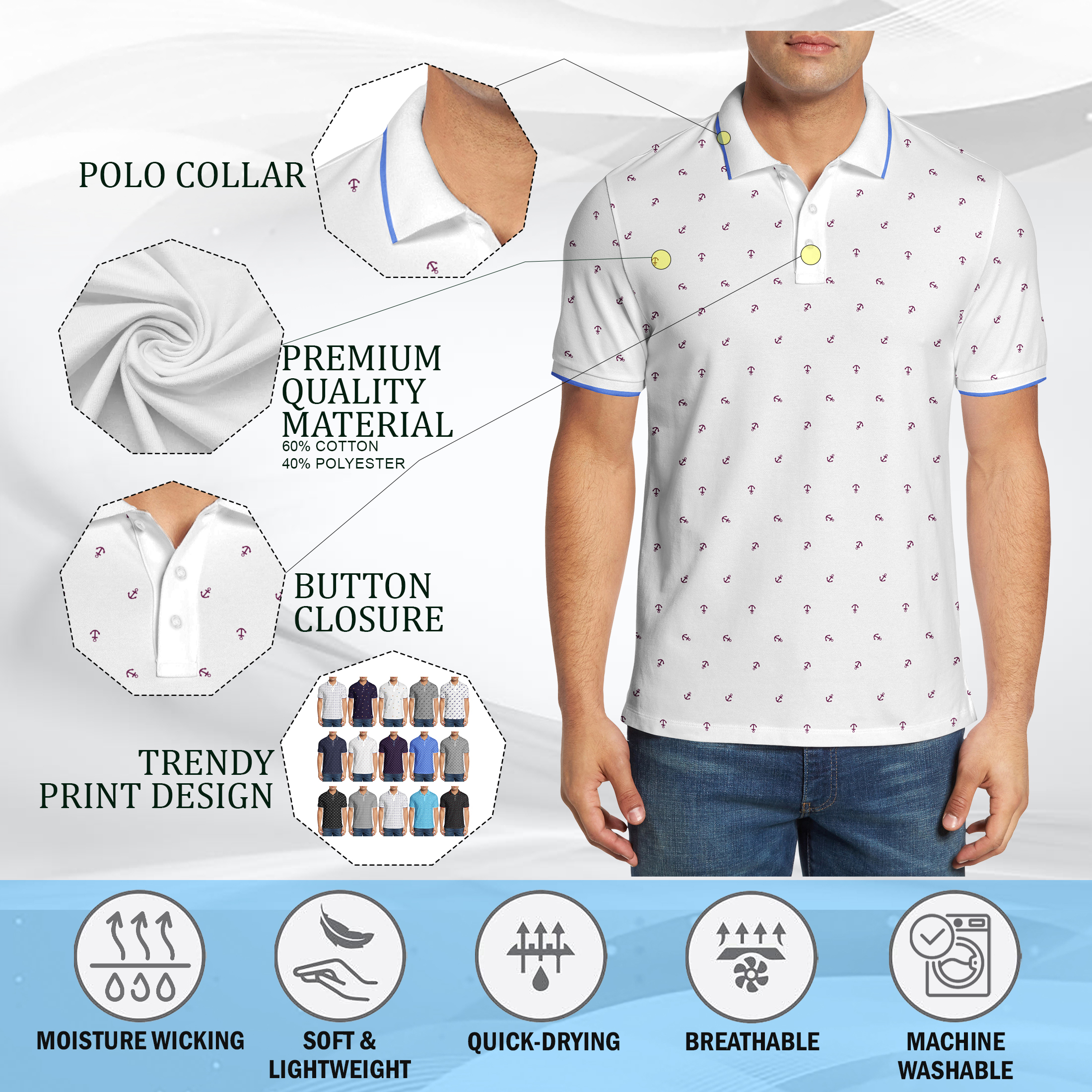 3-Pack Men's Classic Collared Polo Shirt Casual Golf Tee Preppy Sport Top Performance Athletic Summer Polo Cotton Leisure Printed Soft Polo