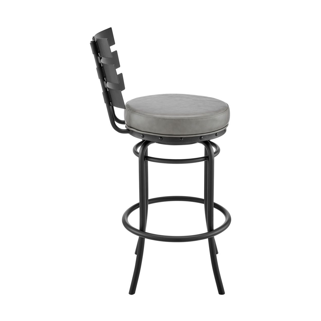 Siona 30 Inch Swivel Metal Bar Stool Chair, Slatted Back, Gray Faux Leather- Saltoro Sherpi