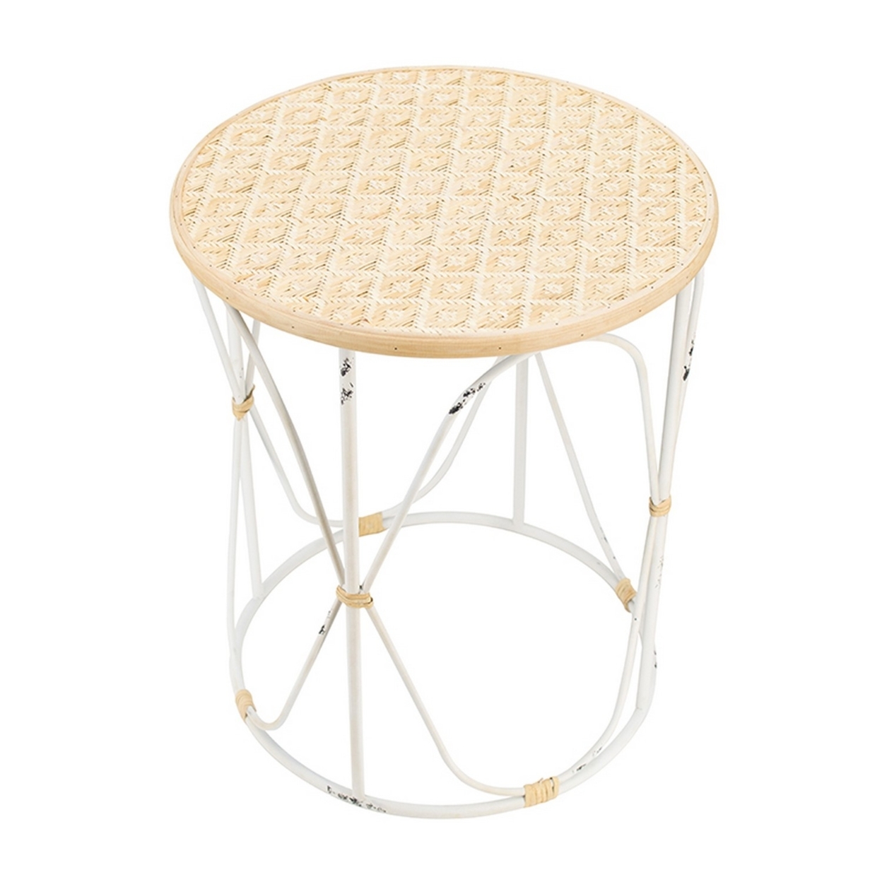 23, 20 Inch Round End Side Table, Set Of 2, Woven Bamboo Top, Brown, White- Saltoro Sherpi