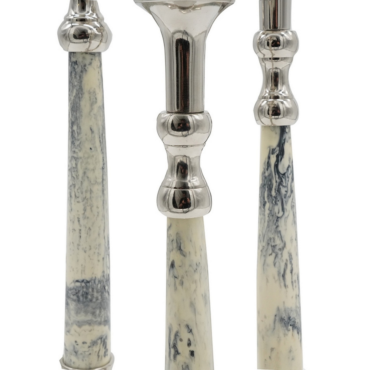 19, 17, 15 Inch Pillar Candle Holder, Silver Turned Pedestal, Set Of 3- Saltoro Sherpi