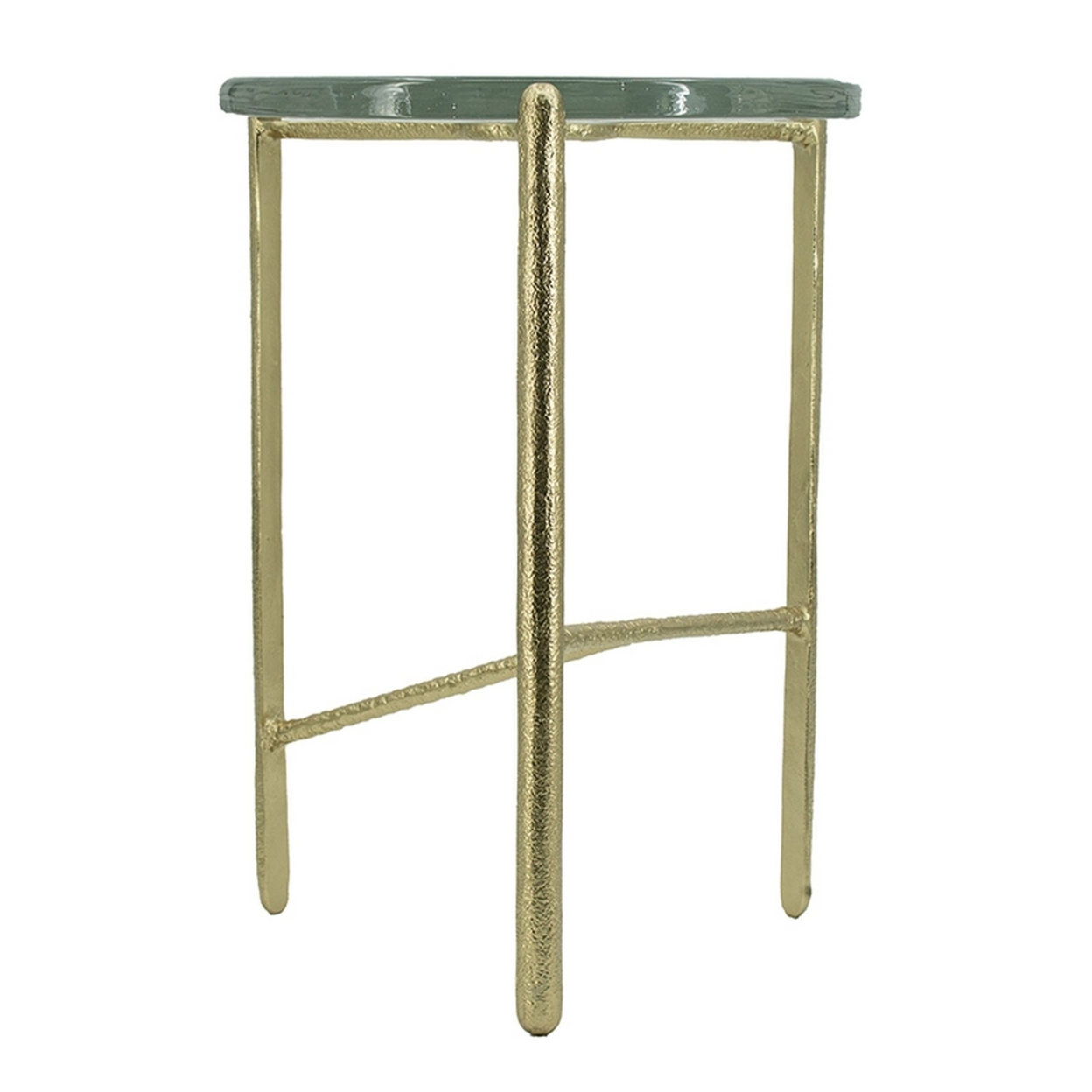 25 Inch Modern Aluminum Round End Table, Glass, Interconnected Legs, Gold- Saltoro Sherpi
