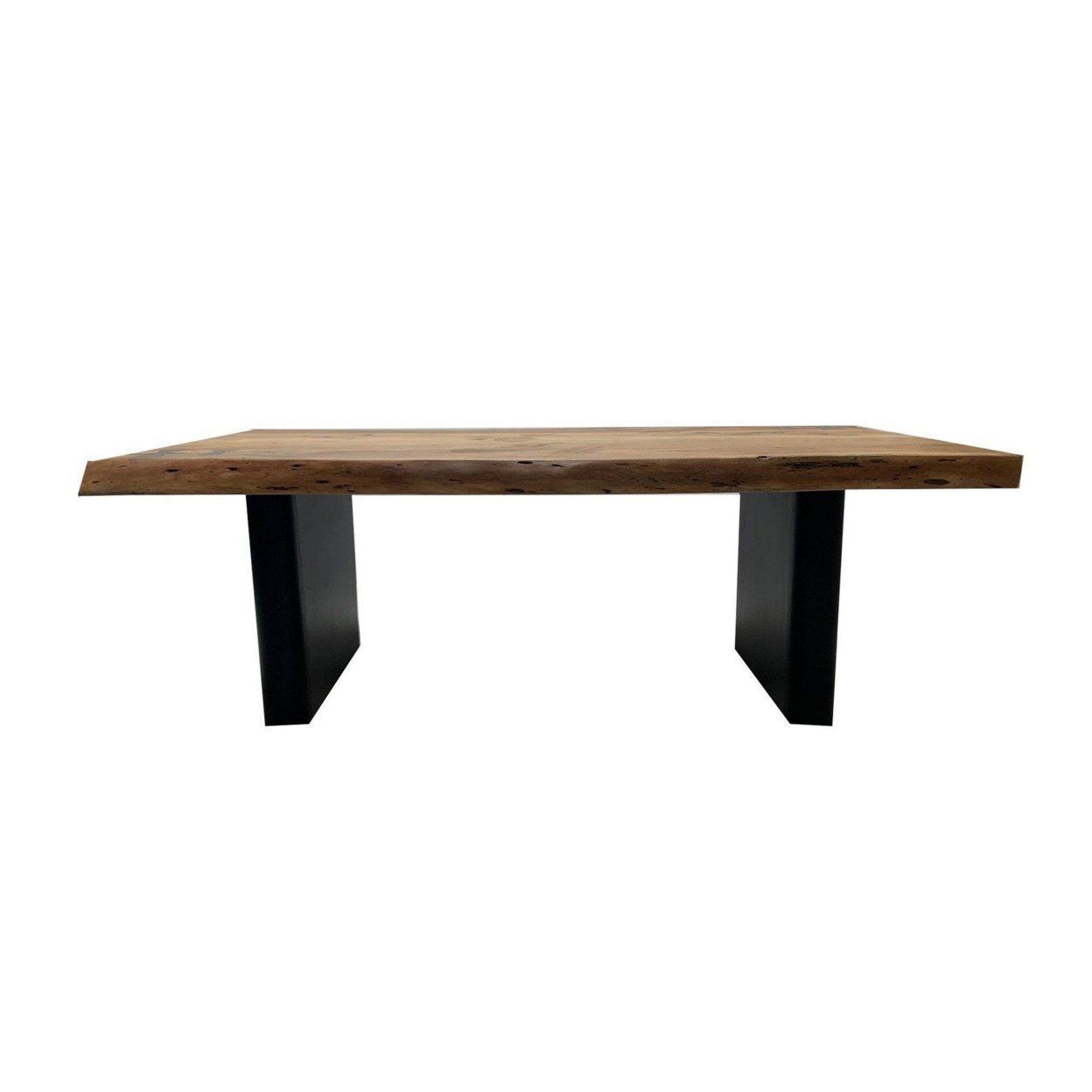 Mya 51 Inch Modern Coffee Table, Live Edge Wood Top, Black Iron Panel Legs- Saltoro Sherpi