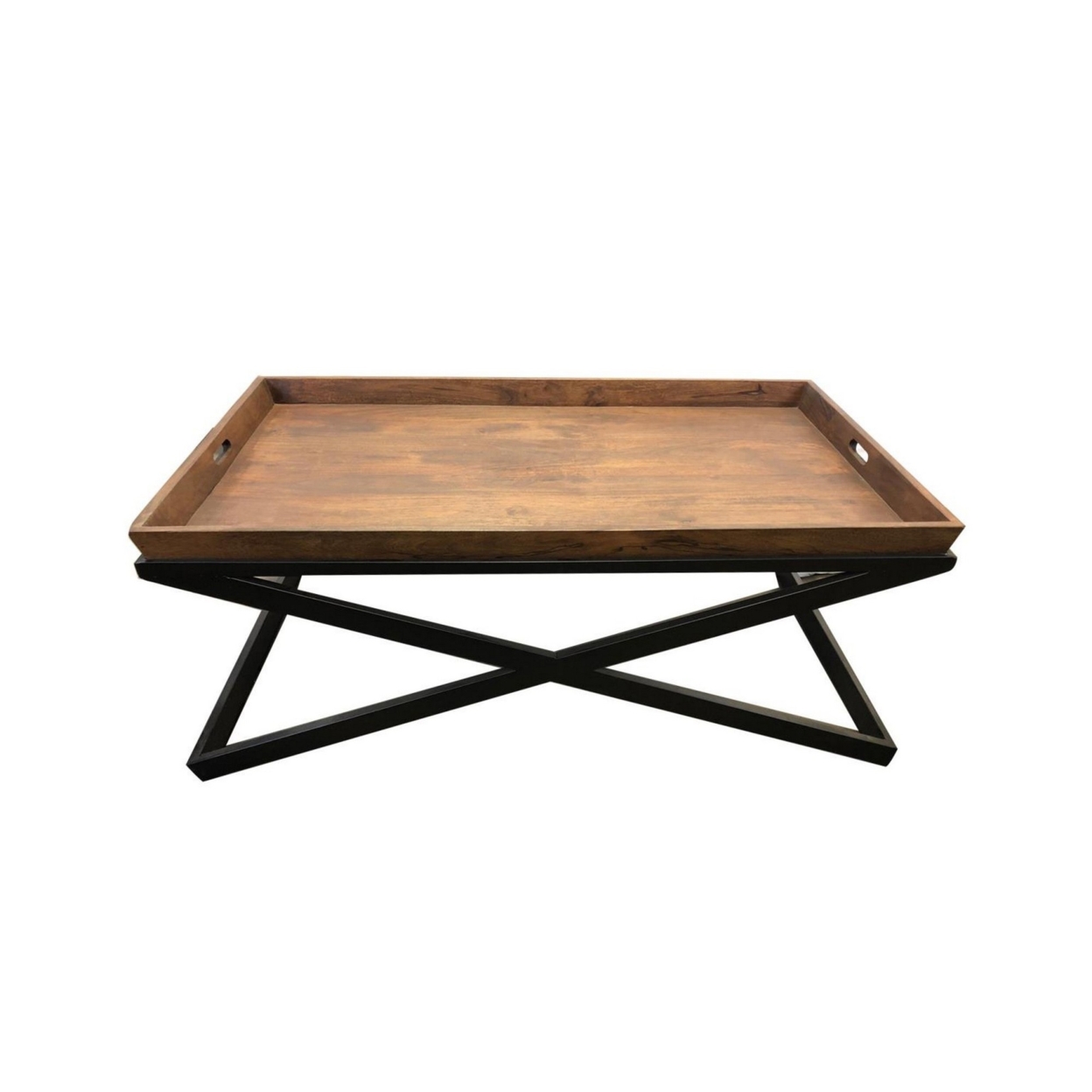 47 Inch Modern Coffee Table, Square Wood Tray Top, X Framed Black Iron Base- Saltoro Sherpi