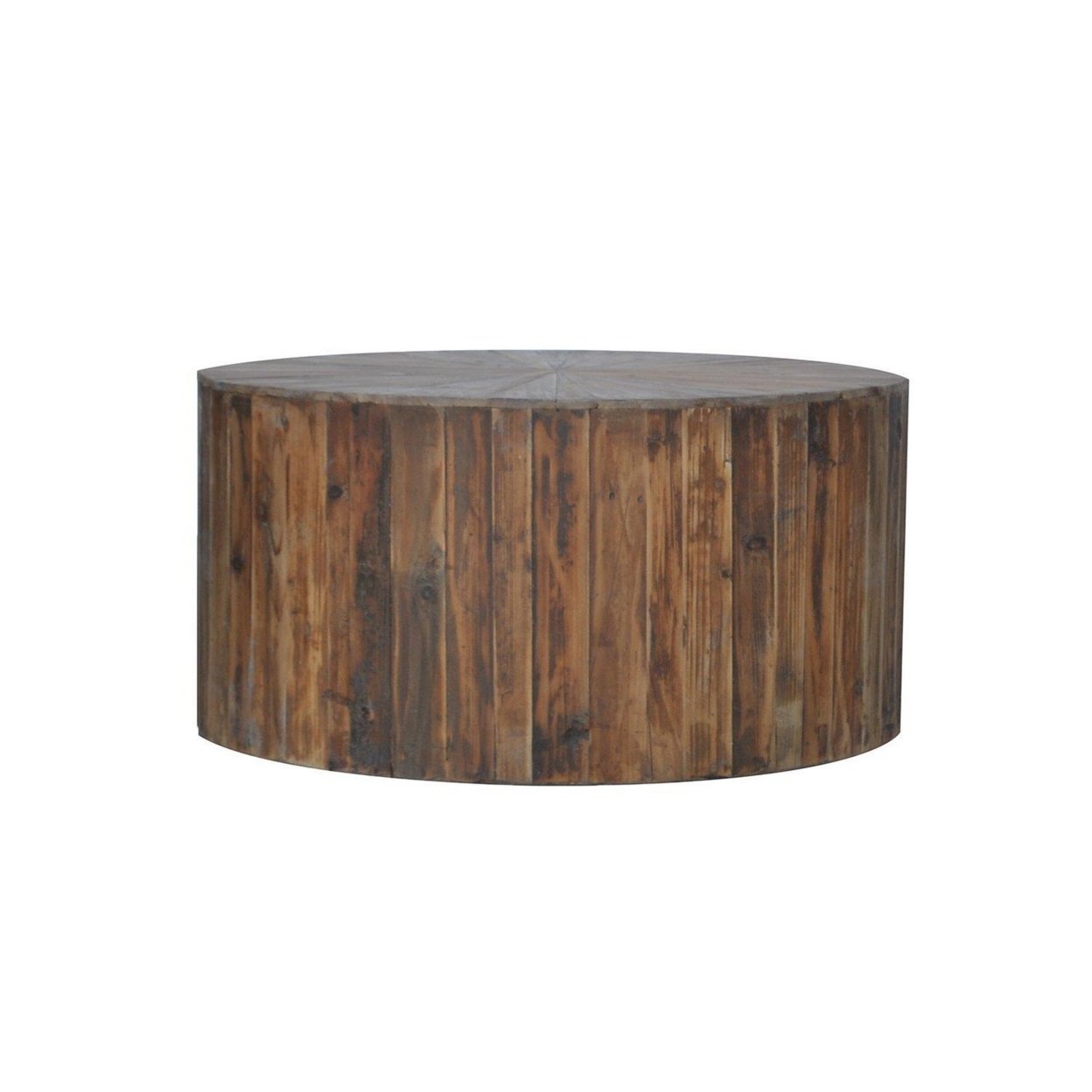 36 Inch Round Drum Coffee Table, Classic Plank Design, Rustic Brown Wood- Saltoro Sherpi