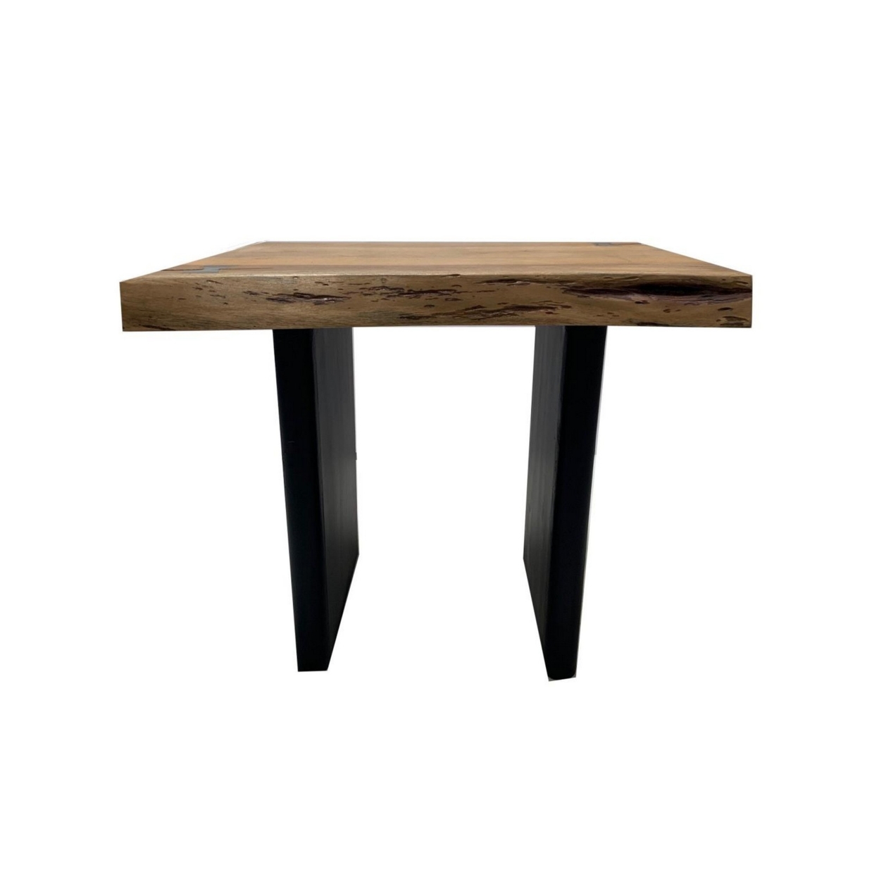 Mya 23 Inch Square End Table With Live Edge Wood Top, Wide Black Iron Legs- Saltoro Sherpi