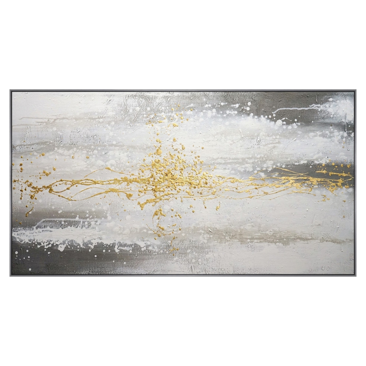 32 X 59 Hand Painted Abstract Painting, Framed, Black, White With Gold Foil- Saltoro Sherpi