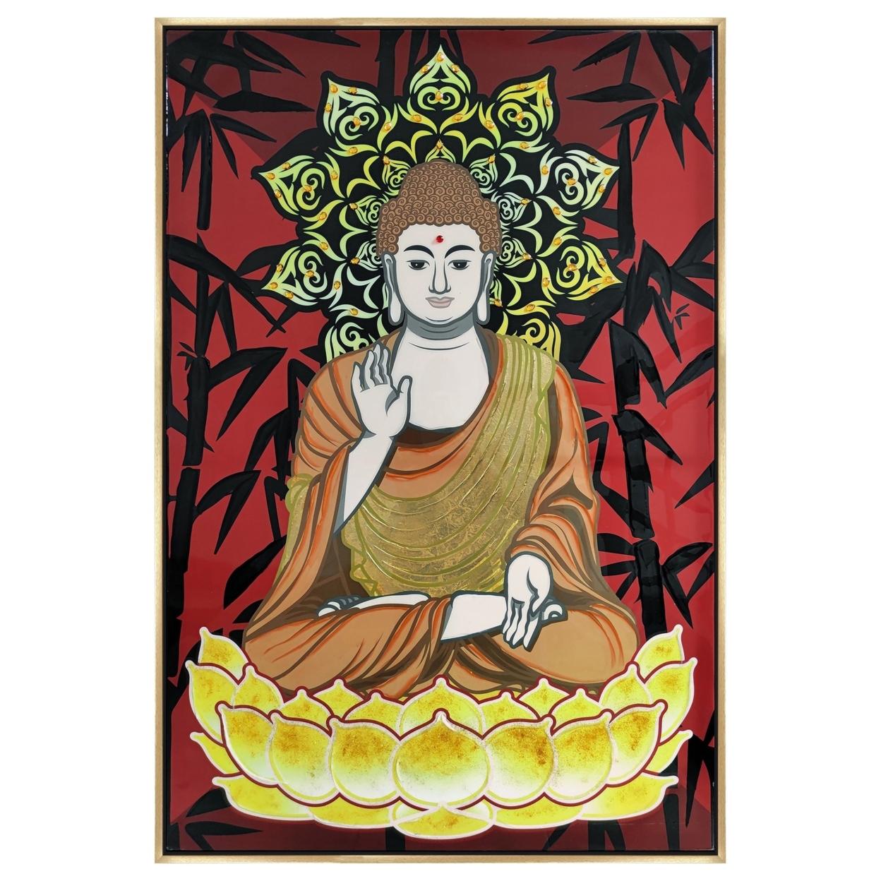 39 X 59 Hand Painted Buddha On Lotus, Gold Frame, Resin Coated, Red, Yellow- Saltoro Sherpi