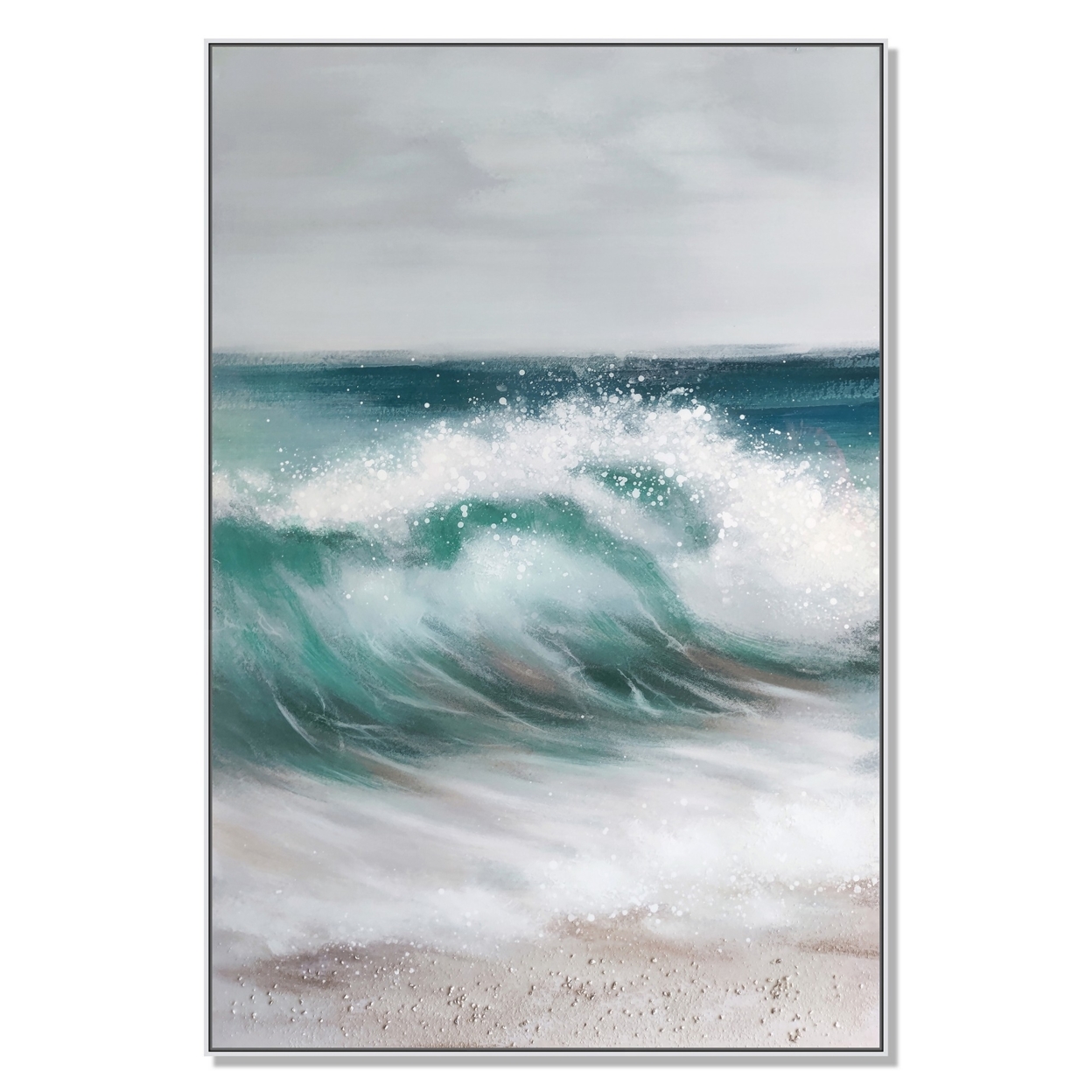 39 X 59 Hand Painted Cresting Waves, White Frame, Seafoam Green, Ocean Blue- Saltoro Sherpi
