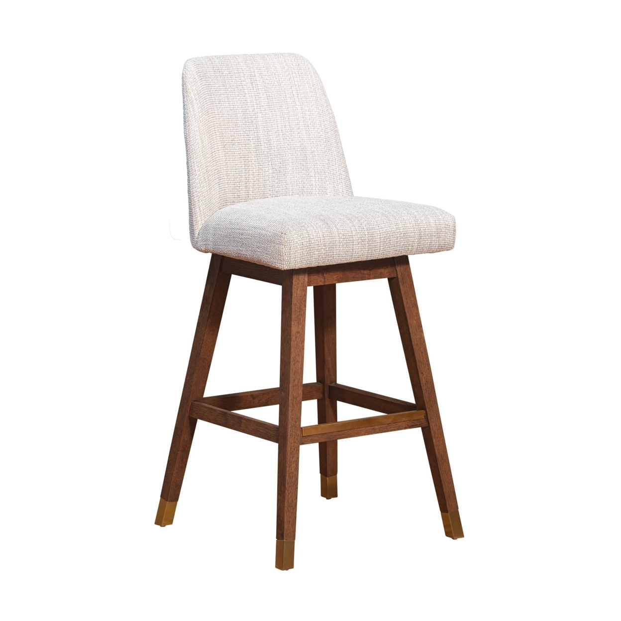 Lara 30 Inch Swivel Barstool Chair, Soft Beige Polyester, Brown Wood Legs- Saltoro Sherpi