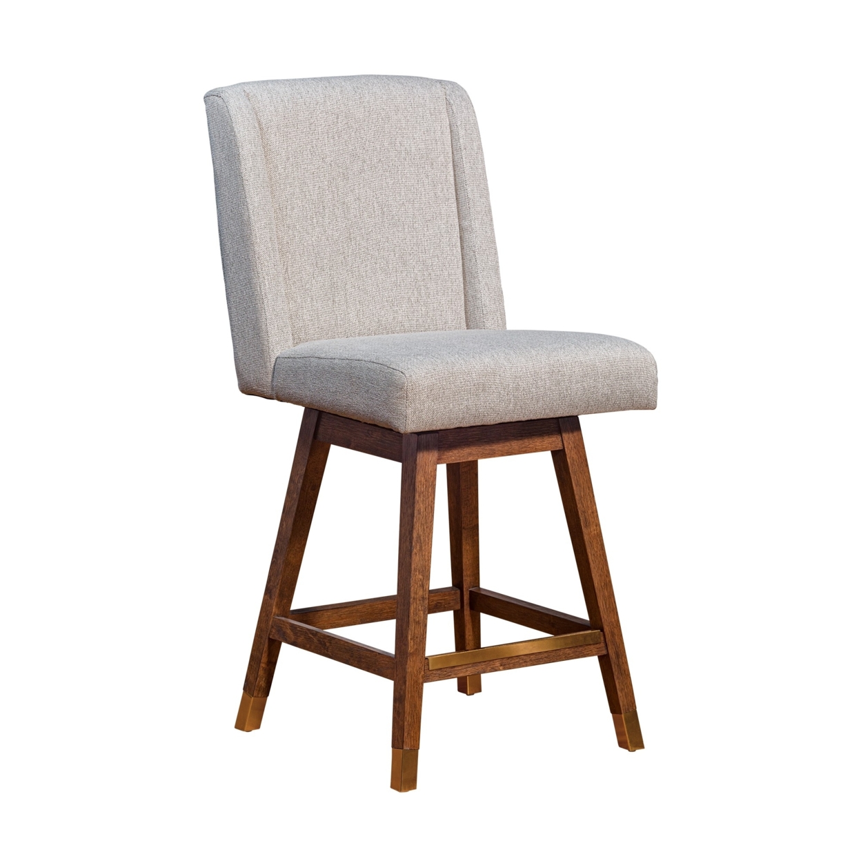 Rico 26 Inch Swivel Counter Stool Wingback Chair, Taupe Fabric, Brown Legs- Saltoro Sherpi