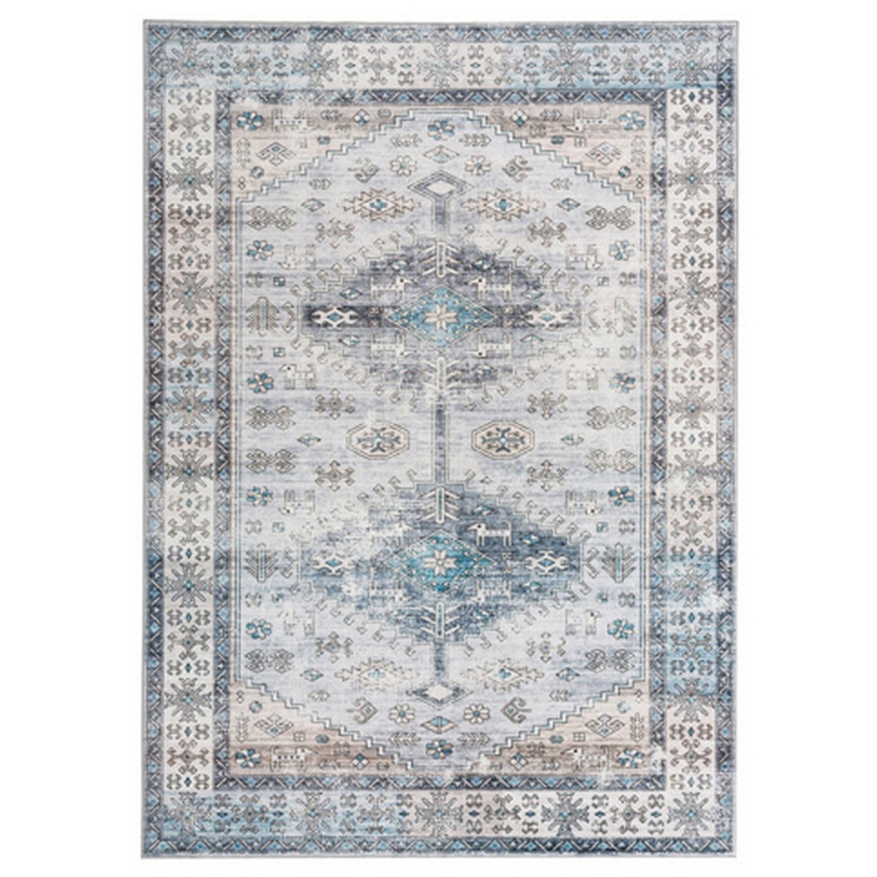 Nyx 7 X 5 Medium Soft Fabric Floor Area Rug, Vintage Blue Border Design- Saltoro Sherpi