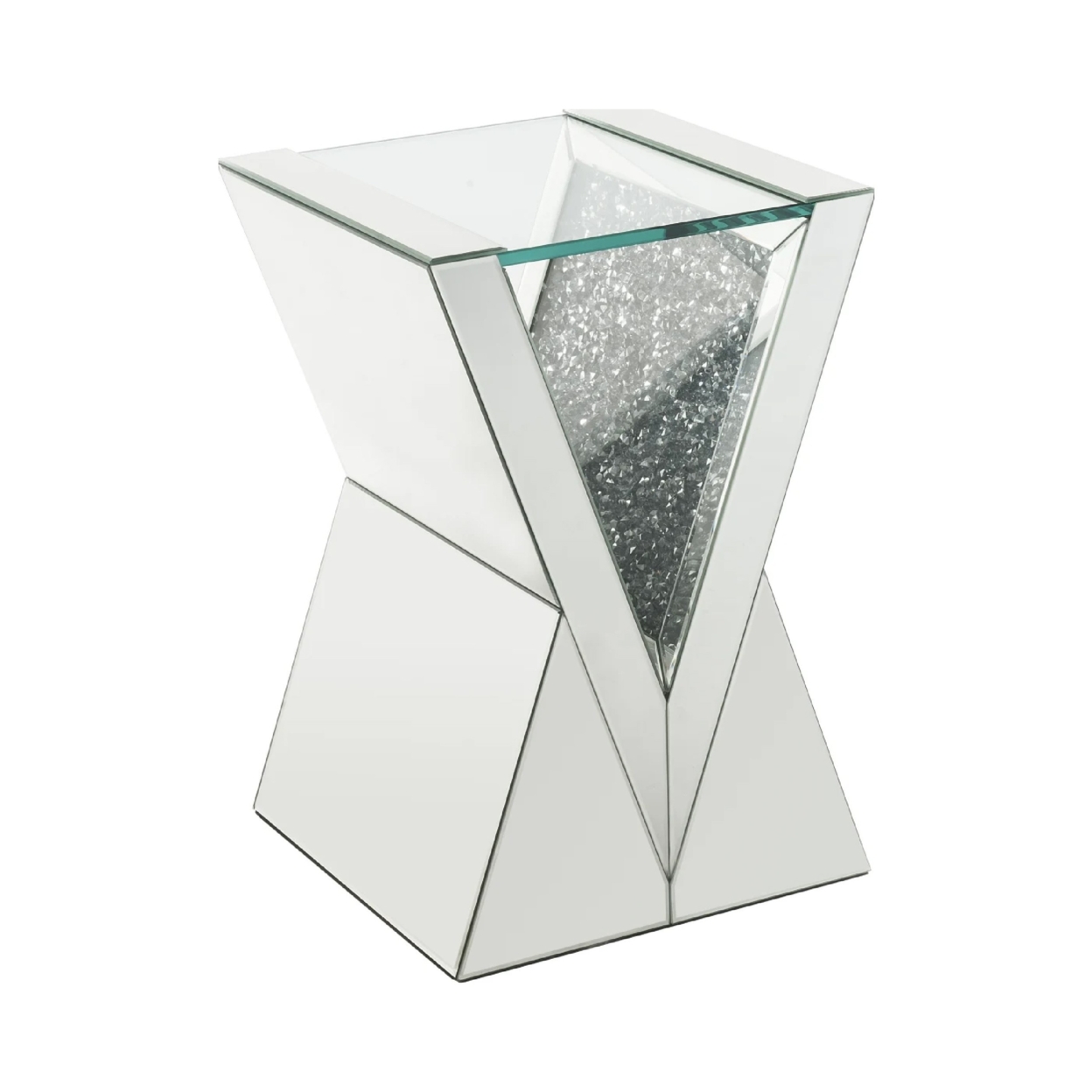 Noe 24 Inch Mirrored End Table, V Pedestal Base, Faux Diamond, Silver- Saltoro Sherpi