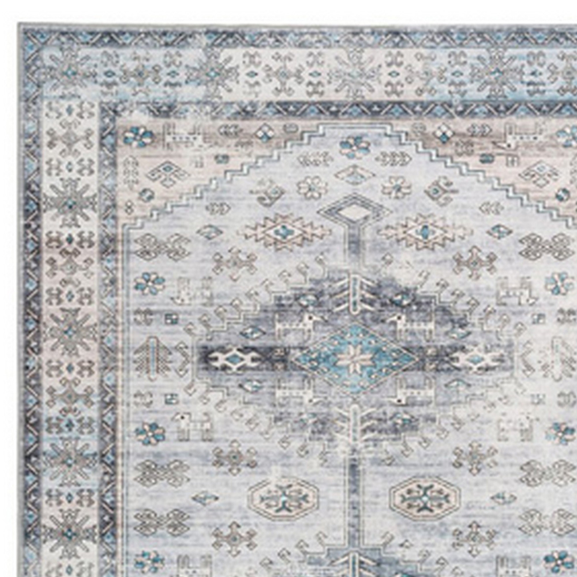 Nyx 10 X 8 Large Soft Fabric Floor Area Rug, Vintage Blue Border Design- Saltoro Sherpi