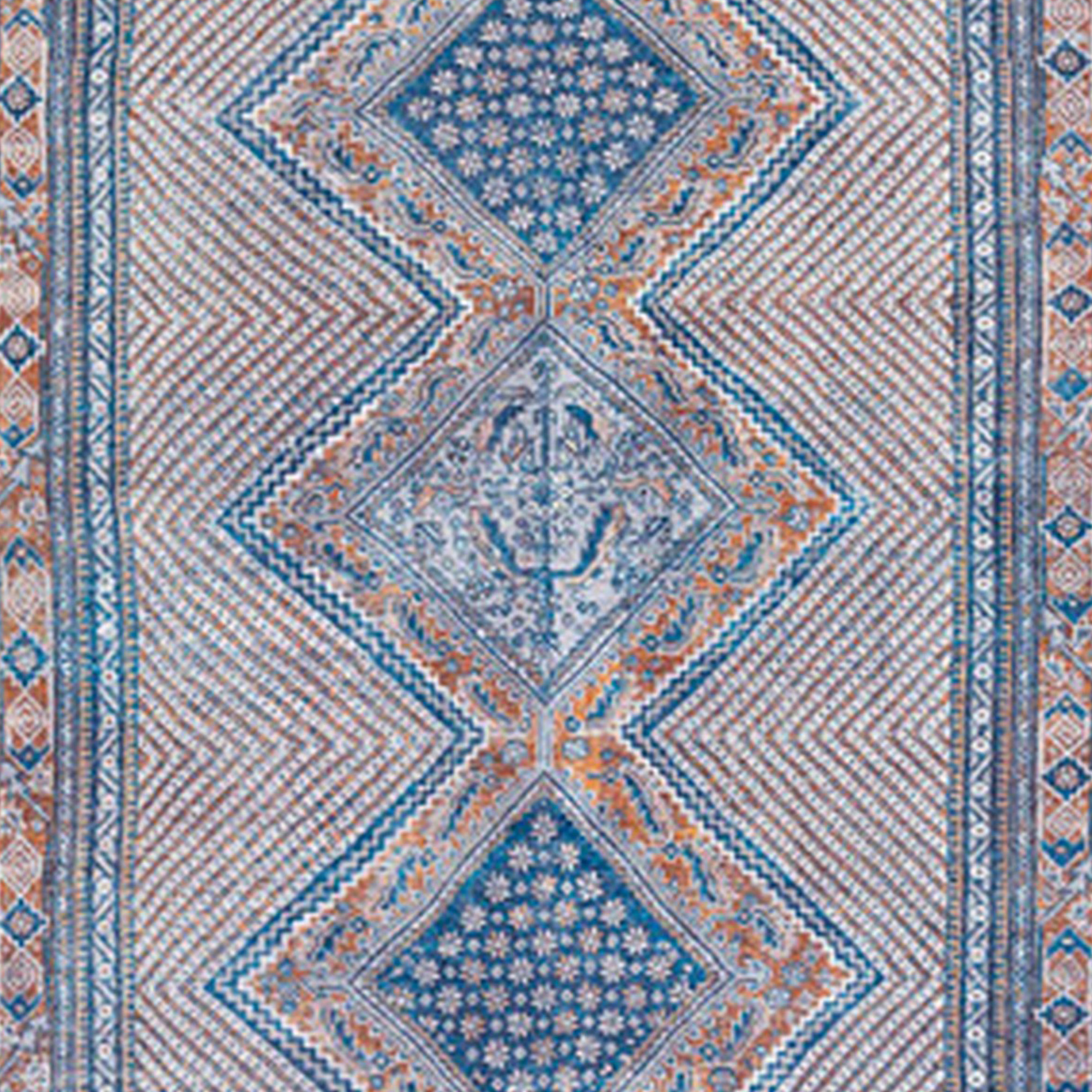 Nia 5 X 7 Washable Soft Area Rug, Ornate, Border, Medium, Cornflower Blue- Saltoro Sherpi
