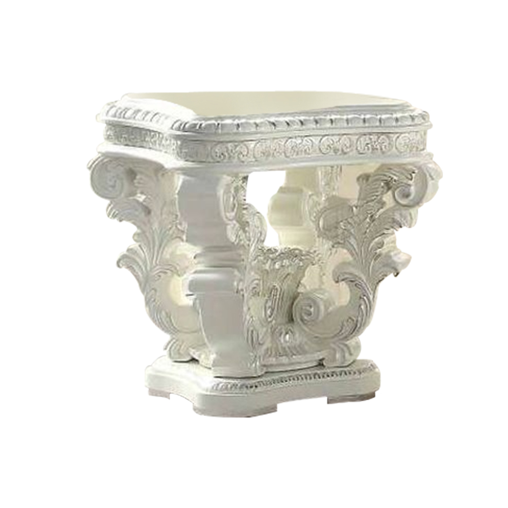 Kin 29 Inch Wood End Table, Raised Scrolled Pedestal, Ornate Motif, White- Saltoro Sherpi
