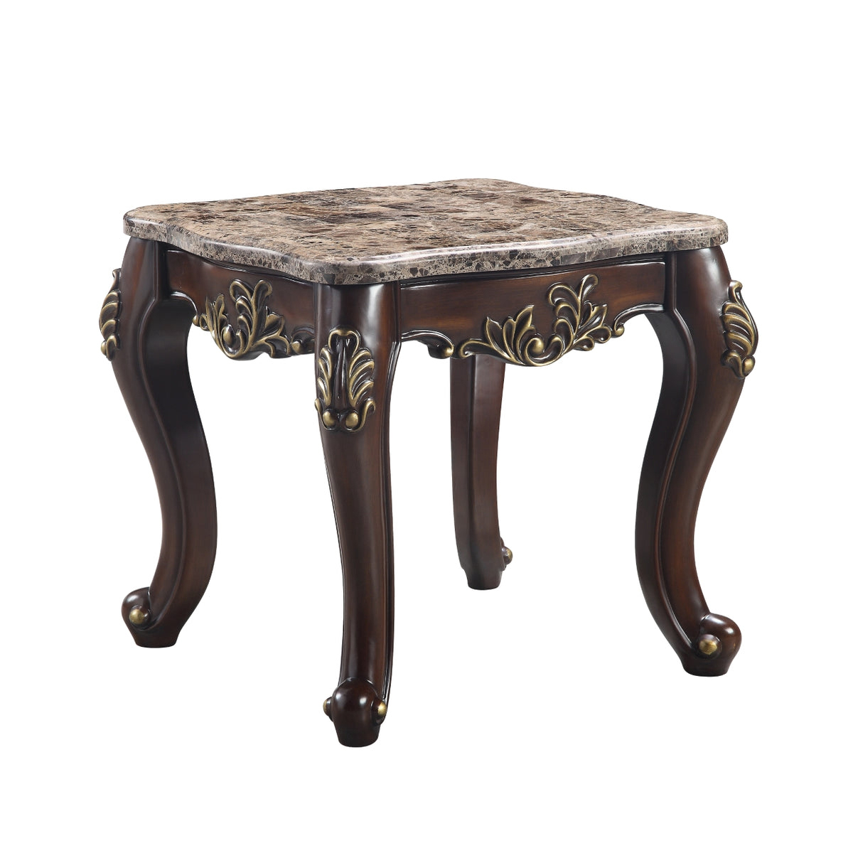 Kha 27 Inch Marble Top End Table With Cabriole Legs, Gold, Cherry Brown- Saltoro Sherpi