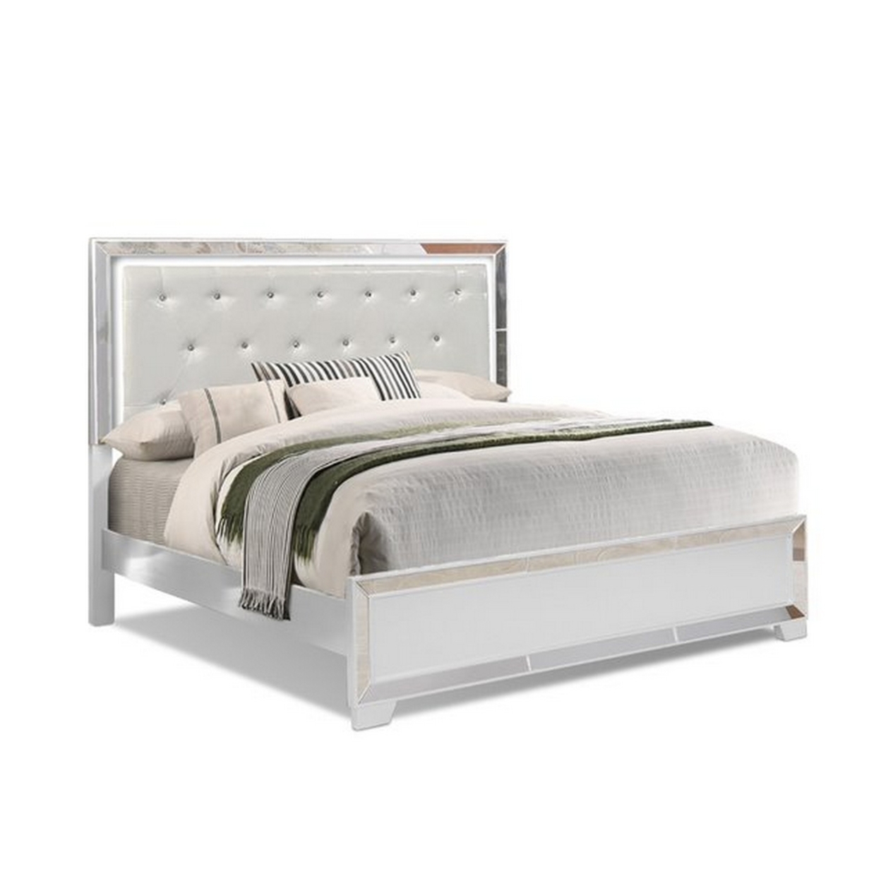 Eli Modern Wood Queen Bed, Crystal Tufted Headboard LED, White Faux Leather- Saltoro Sherpi