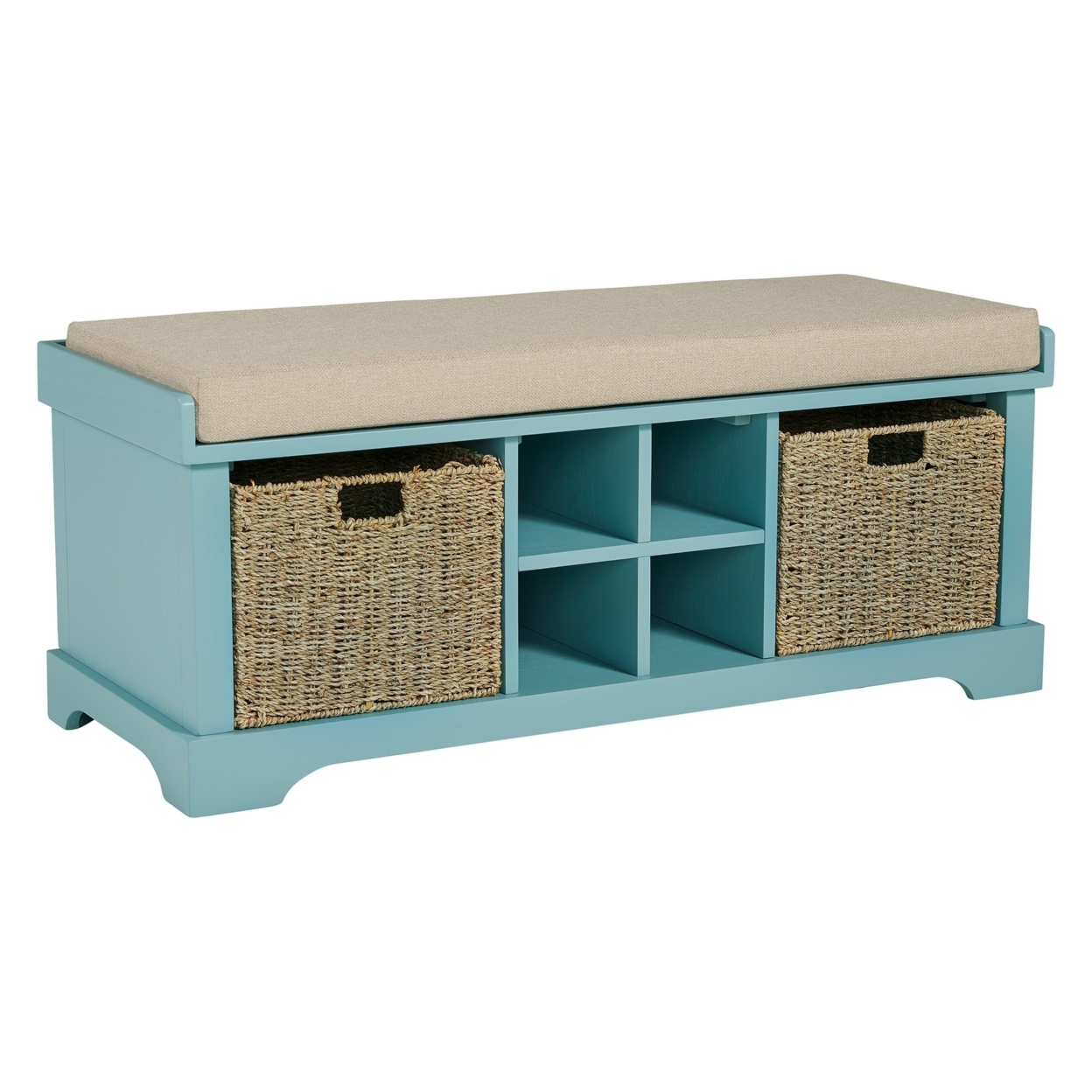Dio 42 Inch Storage Bench, Cushioned Top, 2 Wicker Baskets, Blue, Beige- Saltoro Sherpi