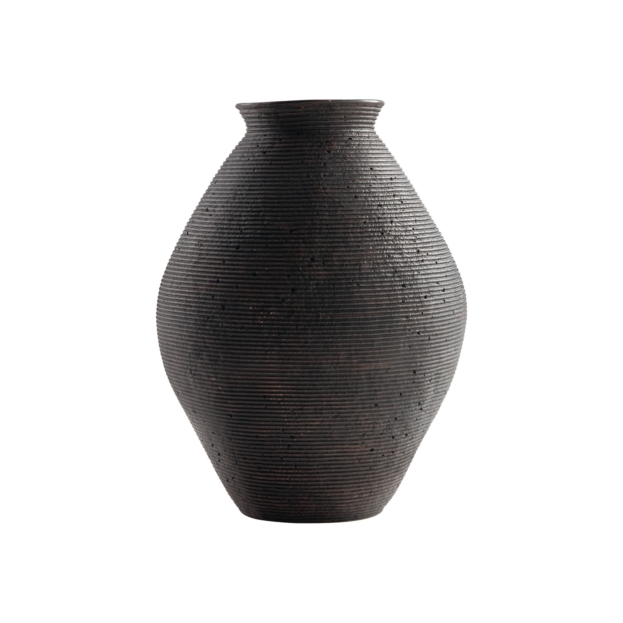 Dale 17 Inch Round Polyresin Vase, Tightly Ribbed Texture, Antique Brown- Saltoro Sherpi