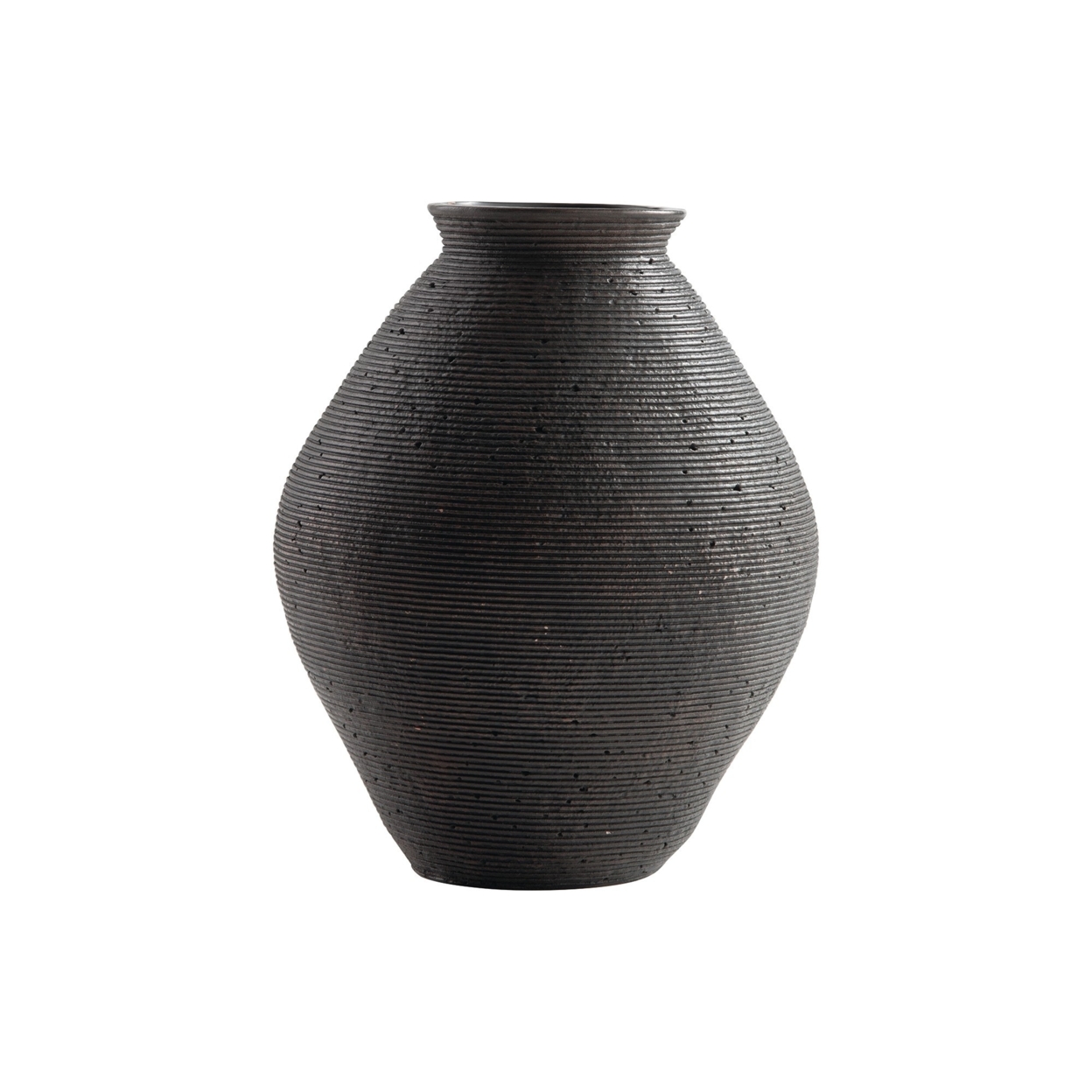 Dale 12 Inch Round Polyresin Vase, Wavy Ribbed Spiral Texture Antique Brown- Saltoro Sherpi