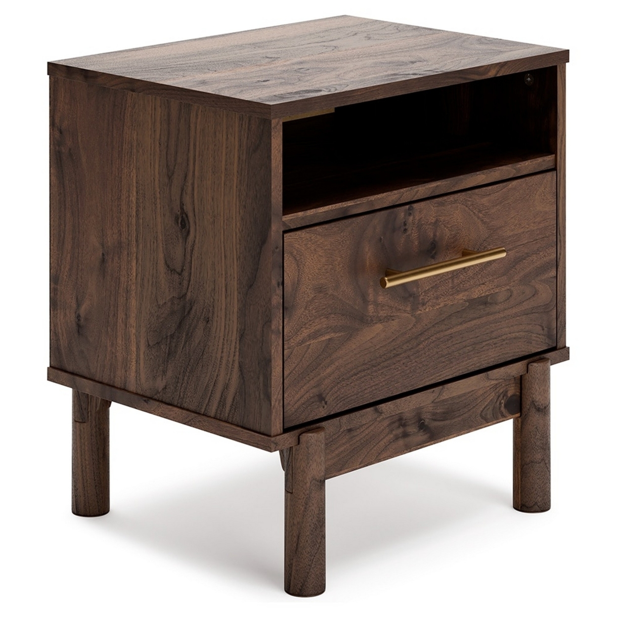 Cora 21 Inch Modern Wood Nightstand, 1 Drawer, Metal Bar, Brown And Gold- Saltoro Sherpi