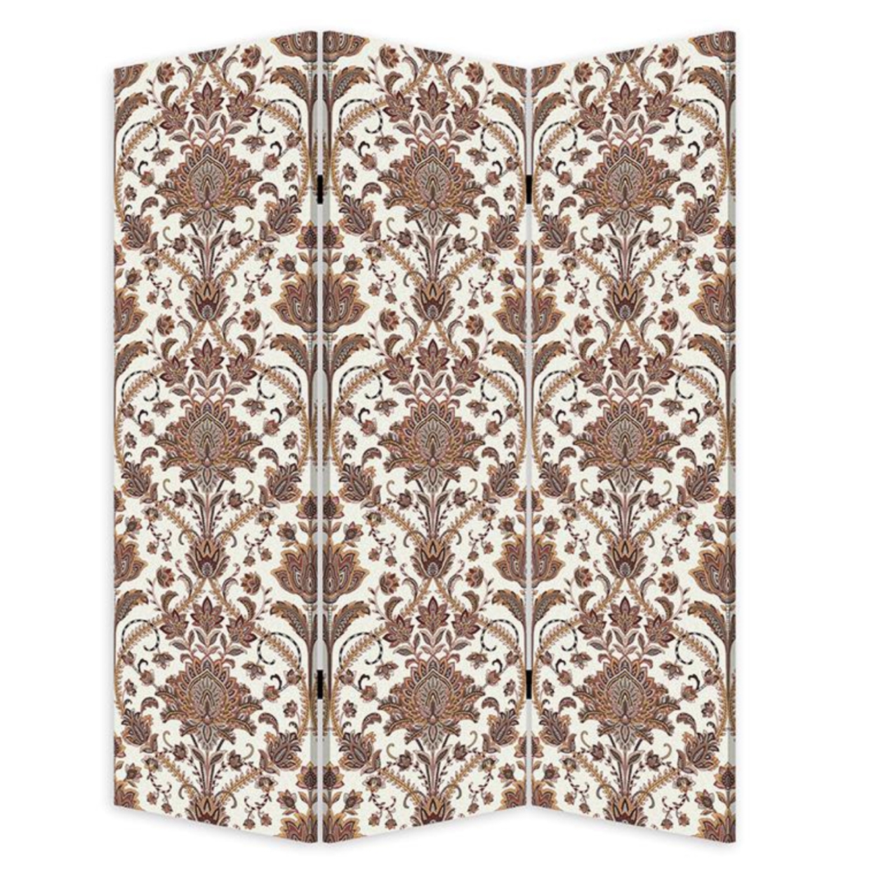72 Inch 3 Panel Canvas Screen Room Divider, Dual Sided Baroque, White Brown- Saltoro Sherpi