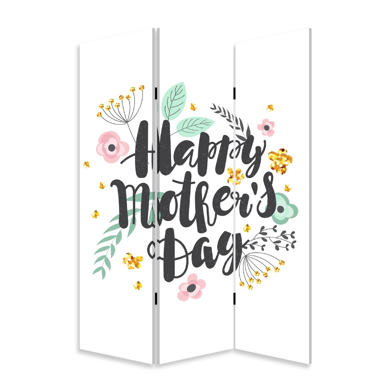 72 Inch 3 Panel Canvas Room Divider, Black Painted Mothers Day, White- Saltoro Sherpi