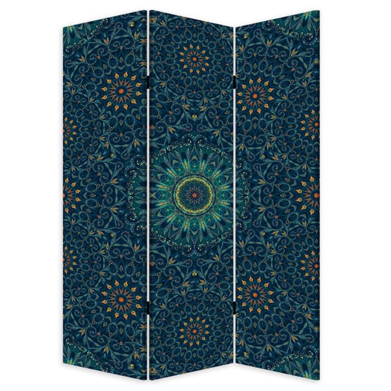 72 Inch 3 Panel Canvas Foldable Room Divider, Bohemian Design, Teal Blue- Saltoro Sherpi