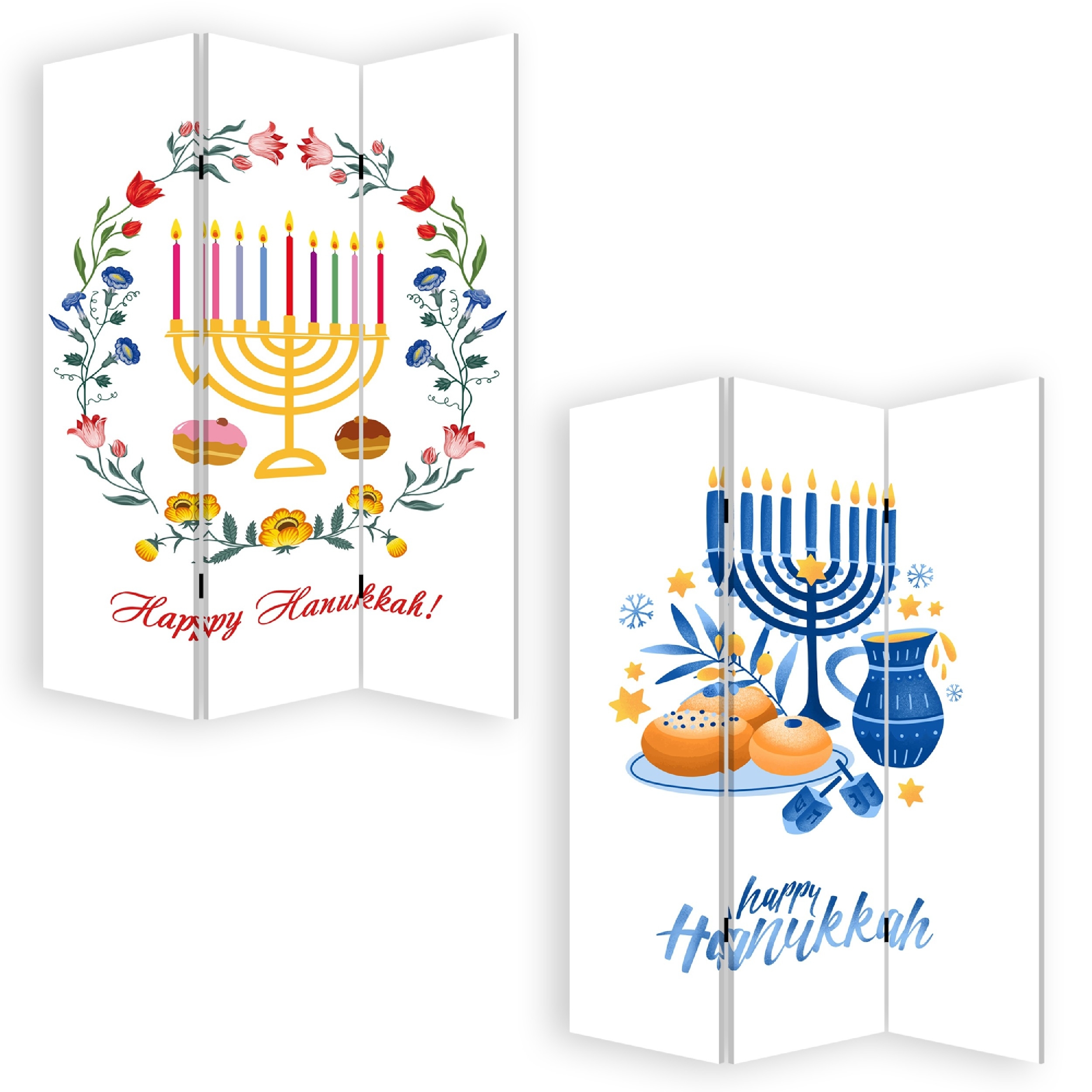 72 Inch 3 Panel Canvas Foldable Room Divider, Hanukkah Symbol, Multicolor- Saltoro Sherpi