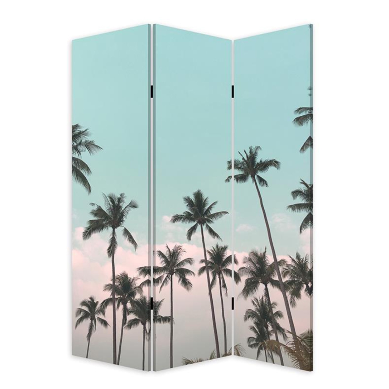 72 Inch 3 Panel Canvas Foldable Room Divider, Blue Sky, Palm Trees, Black- Saltoro Sherpi