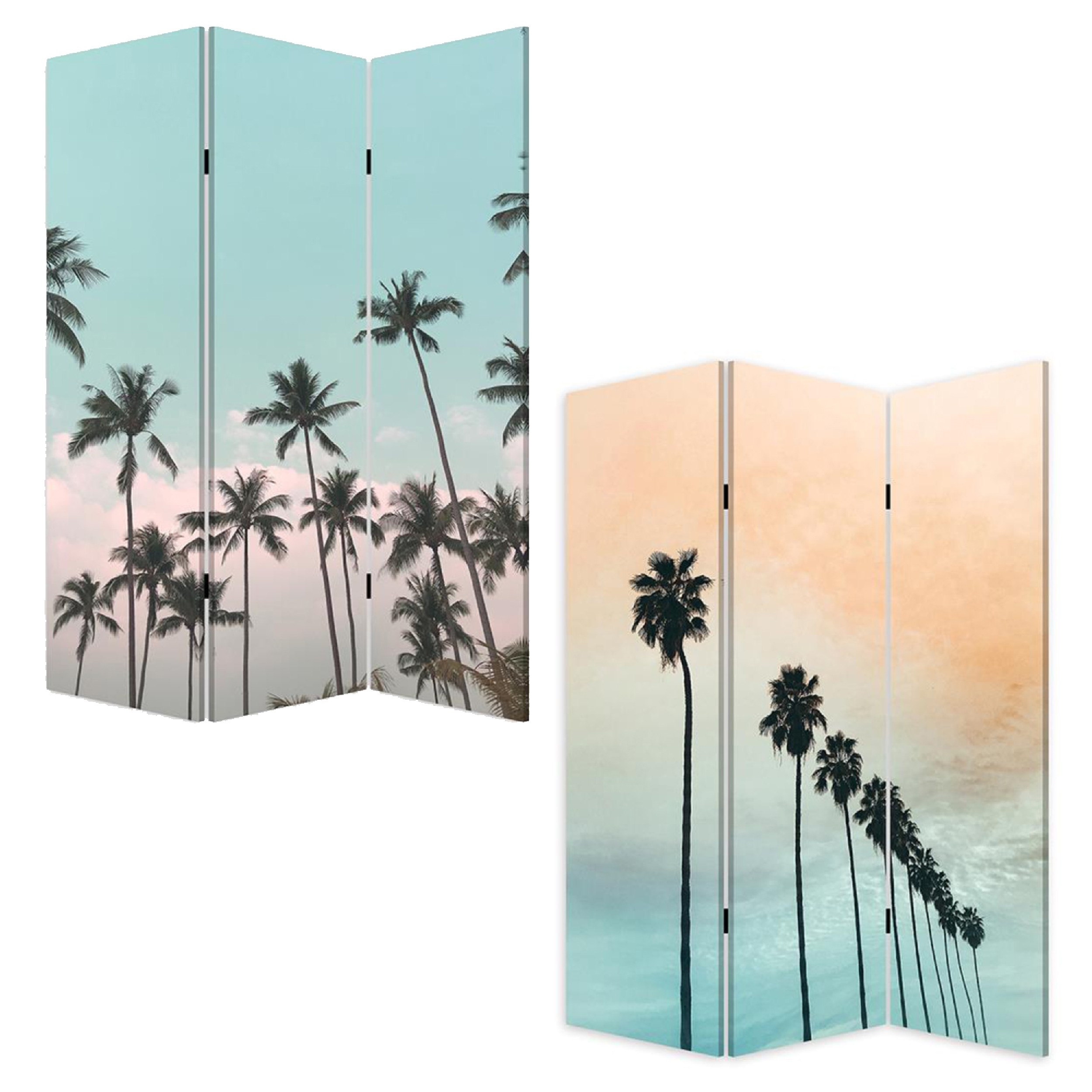 72 Inch 3 Panel Canvas Foldable Room Divider, Blue Sky, Palm Trees, Black- Saltoro Sherpi