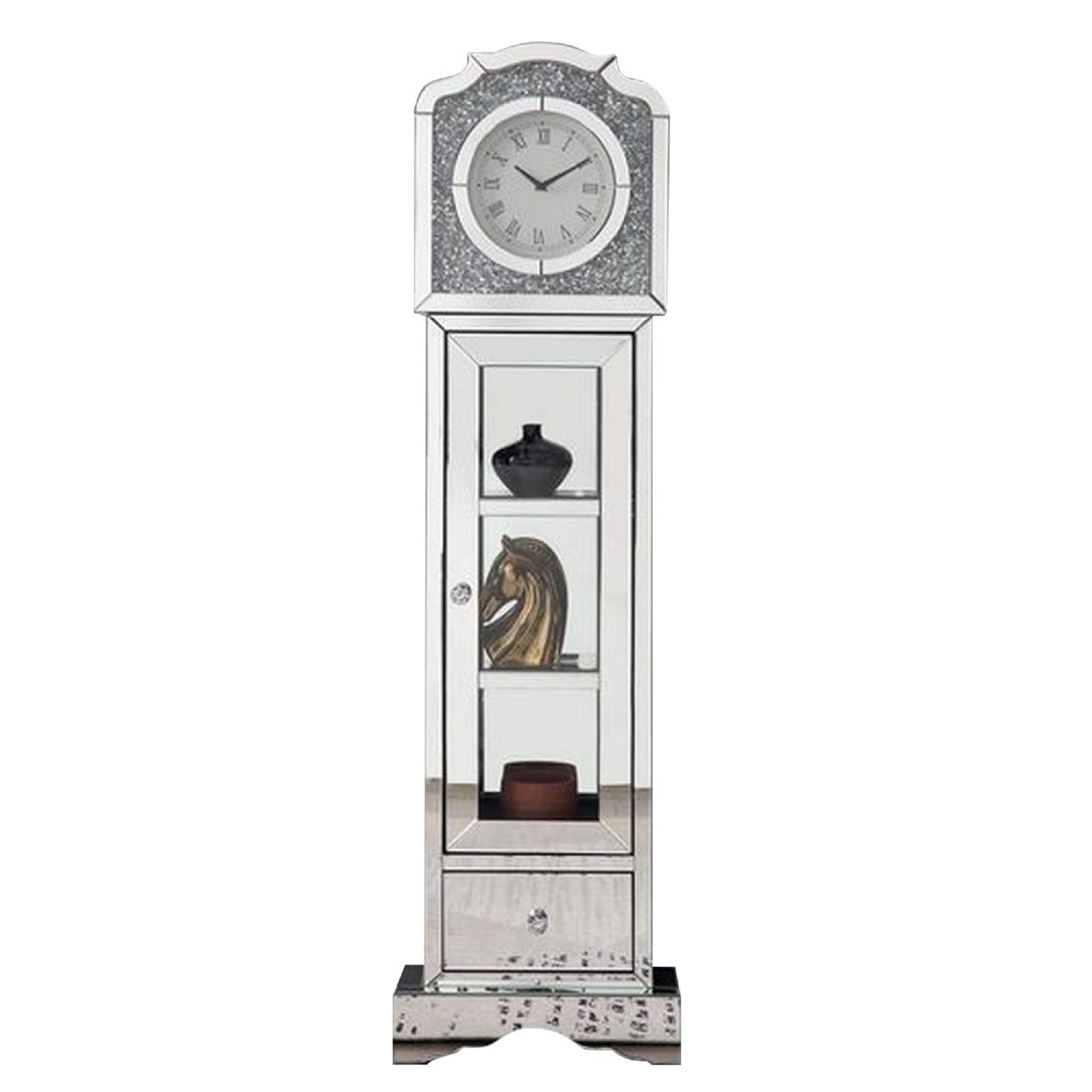 63 Inch Doe Mirrored Grandfather Clock, 3 Shelves, Ornate Design, Silver- Saltoro Sherpi