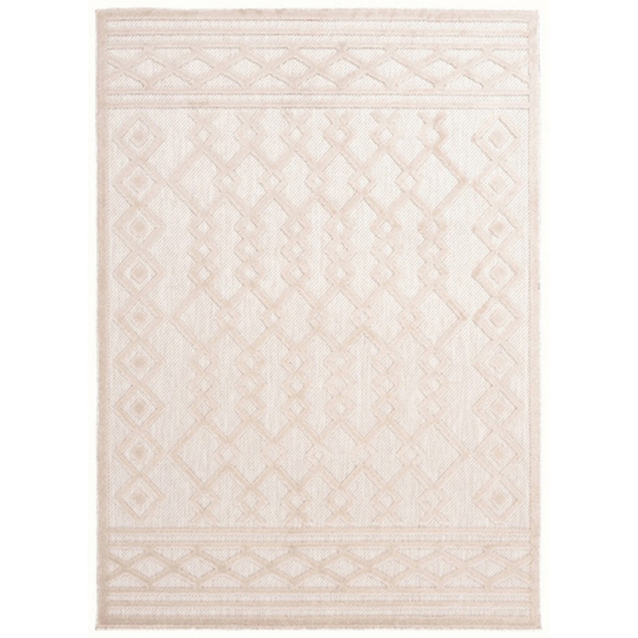 5 X 7 Fabric Floor Area Rug, Woven Diamond Design, Border, Medium, Cream- Saltoro Sherpi