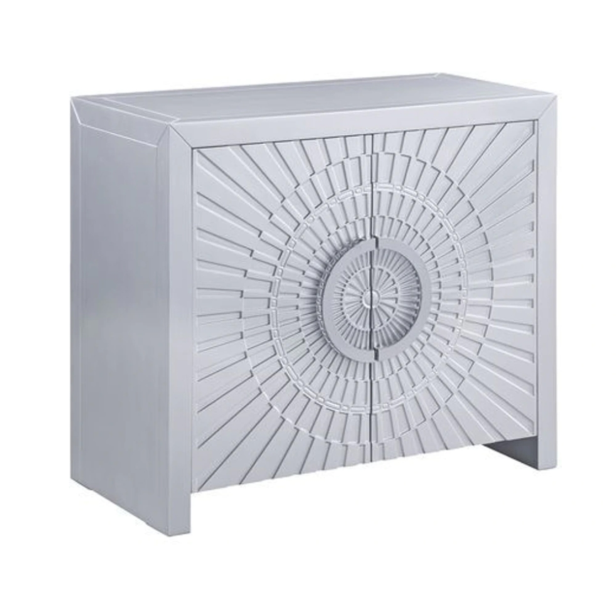 37 Inch 2 Door Wood Storage Cabinet Console Table, Sunburst Design, Silver- Saltoro Sherpi