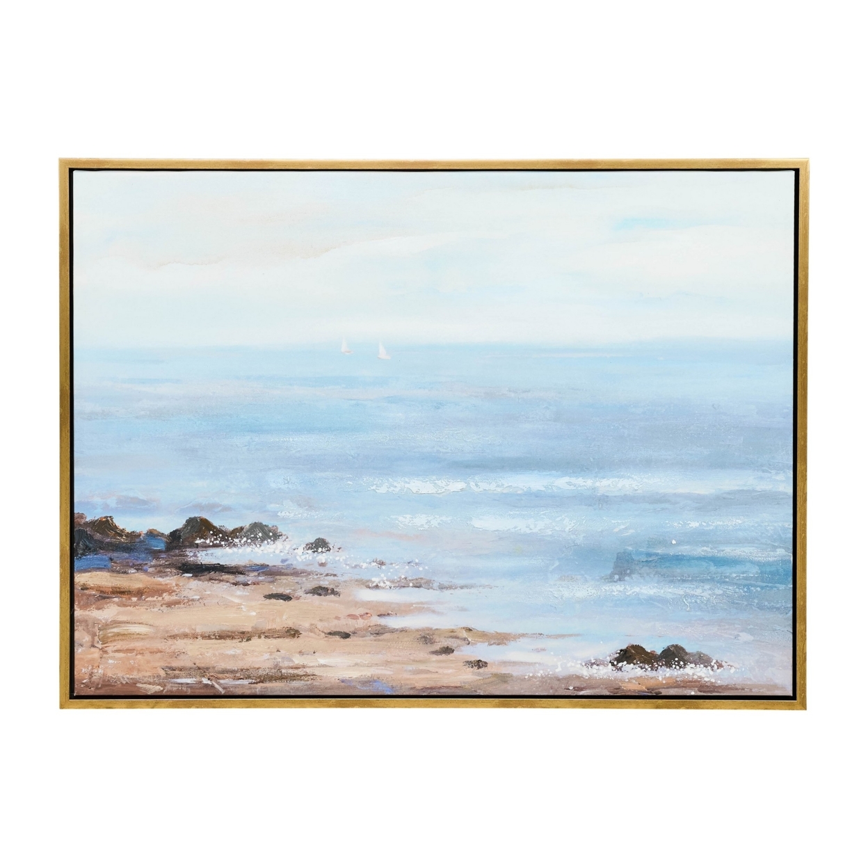 35 X 47 Modern Canvas Painting, Ocean And Beach Artwork, Blue, Gold Frame- Saltoro Sherpi