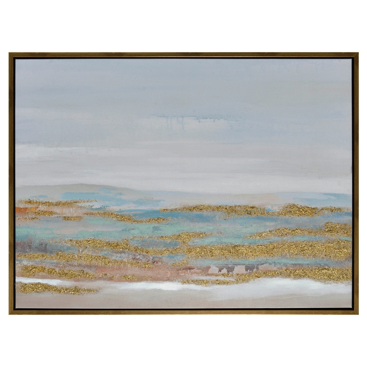 35 X 47 Modern Canvas Painting, Abstract Skies, Gold, Blue, Wood Frame- Saltoro Sherpi