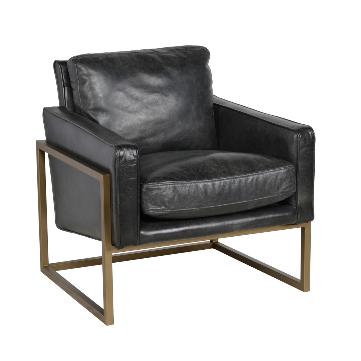 30 Inch Classic Club Chair, Top Grain Black Leather Upholstery, Brass Frame- Saltoro Sherpi