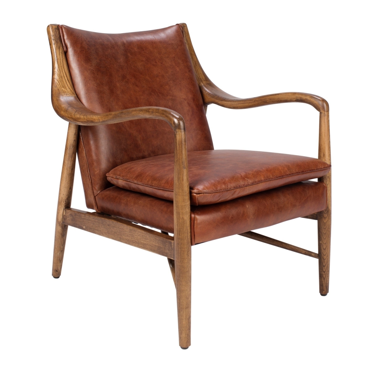 29 Inch Classic Wood Club Chair, Top Grain Leather Seat, Curved Arms, Brown- Saltoro Sherpi